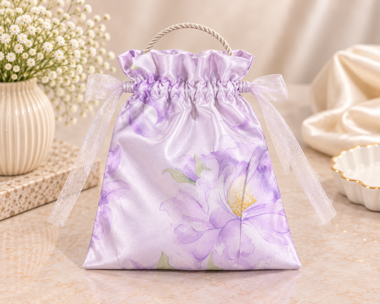 Premium Floral Satin Drawstring Gift Bag – Lavender | 9 × 6.5 Inches