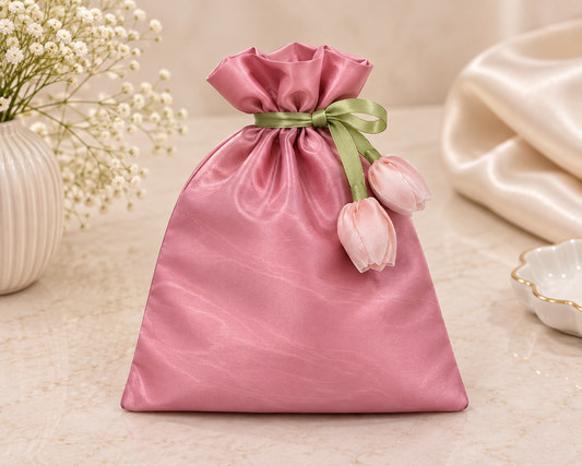Premium Satin Tulip Potli Gift Bag – Dusty Pink | 9 × 6.5 Inches