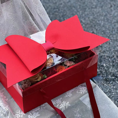 Small Red Luxury Transparent Gift Hamper Box with Bow & Ribbon Handle | Rectangle Red Bow Box 30 × 21 × 10 cm