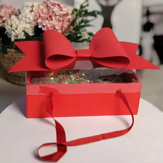 Luxury Red Gift Box with Large Bow & Clear Lid | Red Hamper Box With Bow