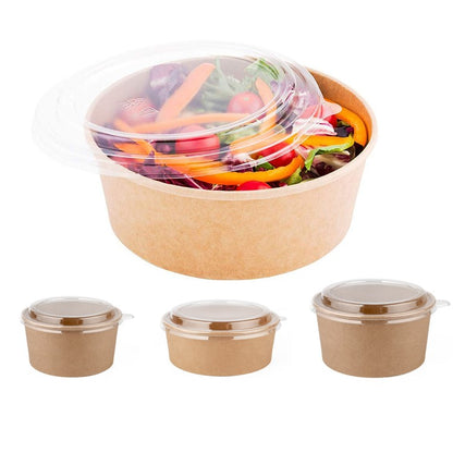 Kraft Round Food Container with Clear Lid – 5.5 x 2  Inch | Salad Bowl |Paper Dessert Boxes with Clear Lids – Eco-Friendly Packaging