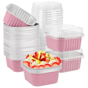 Pink Square Foil Dessert Containers with Lids – Bake & Serve Cups (With Transparent Dome Lids)