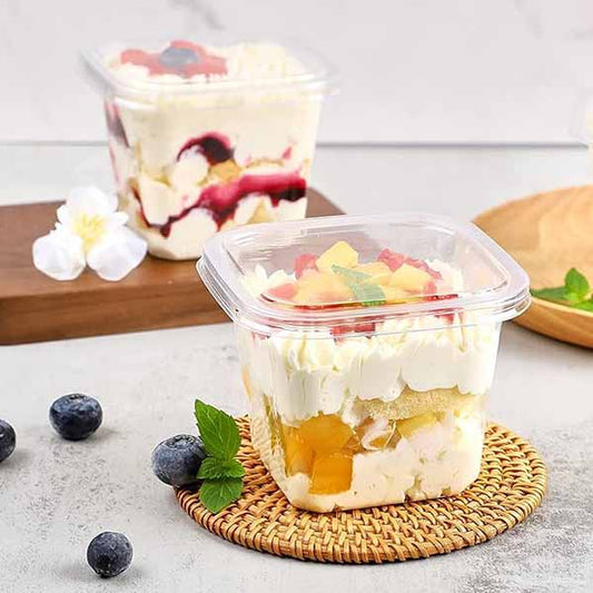 Square Layer Dessert Cups with Lids – 300ml Clear Cake & Trifle Containers