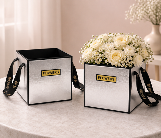 Silver Premium Square Flower Gift Box with Handle | Elegant Hamper & Floral Packaging