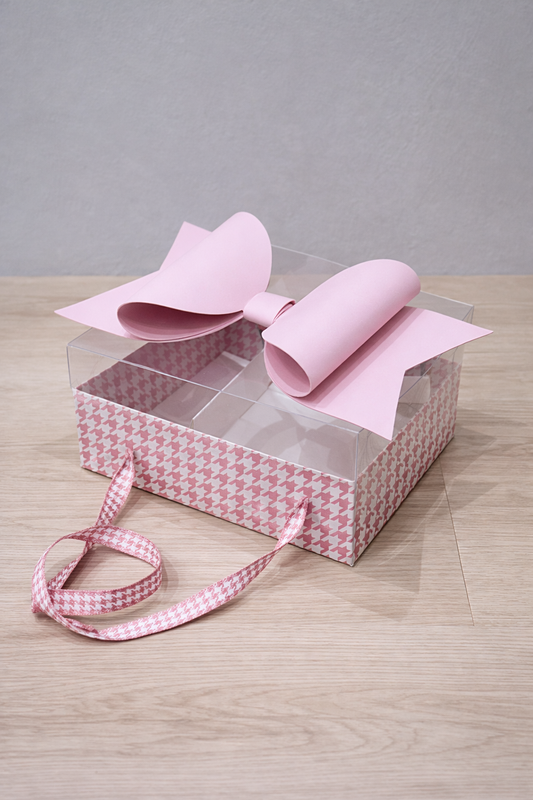 Luxury White & Pink Checks Hamper Gift Box with Bow & Ribbon Handle | Rectangular White & Pink Checks Hamper Box with Bow