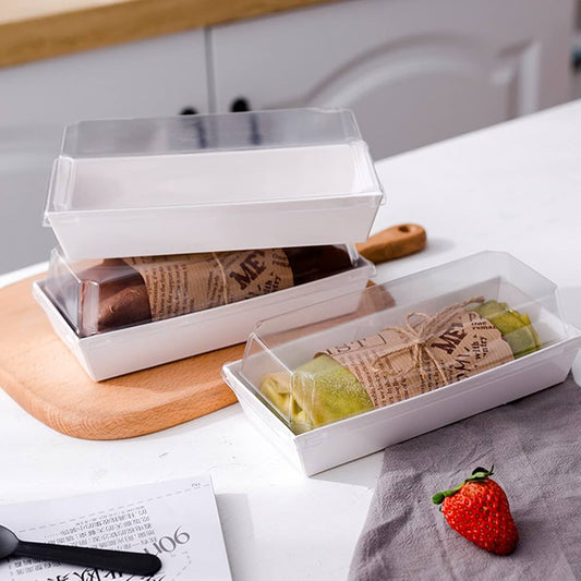 SMALL RECTANGLE BAKE AND SERVE WITH LID | Rectangle Disposable Paper Dessert Boxes with Clear Lids – Eco-Friendly Packaging