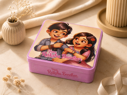 Premium Pink Raksha Bandhan Gift Tin Box with Lid | Reusable Metal Storage Box | 15 x 15 x 4 cm