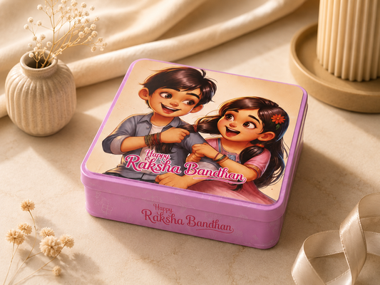 Premium Pink Raksha Bandhan Gift Tin Box with Lid | Reusable Metal Storage Box | 15 x 15 x 4 cm