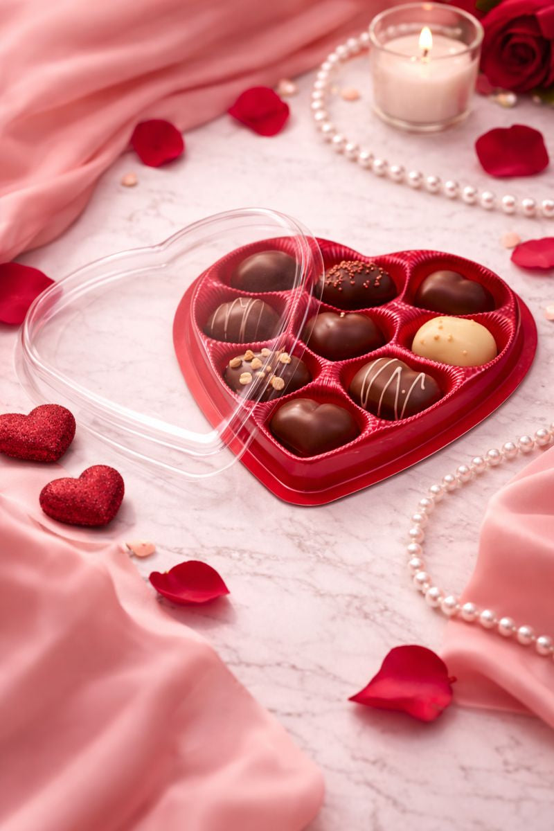 Premium Heart Shaped Chocolate Box with 9 Deep Cavities & Clear Lid – Red