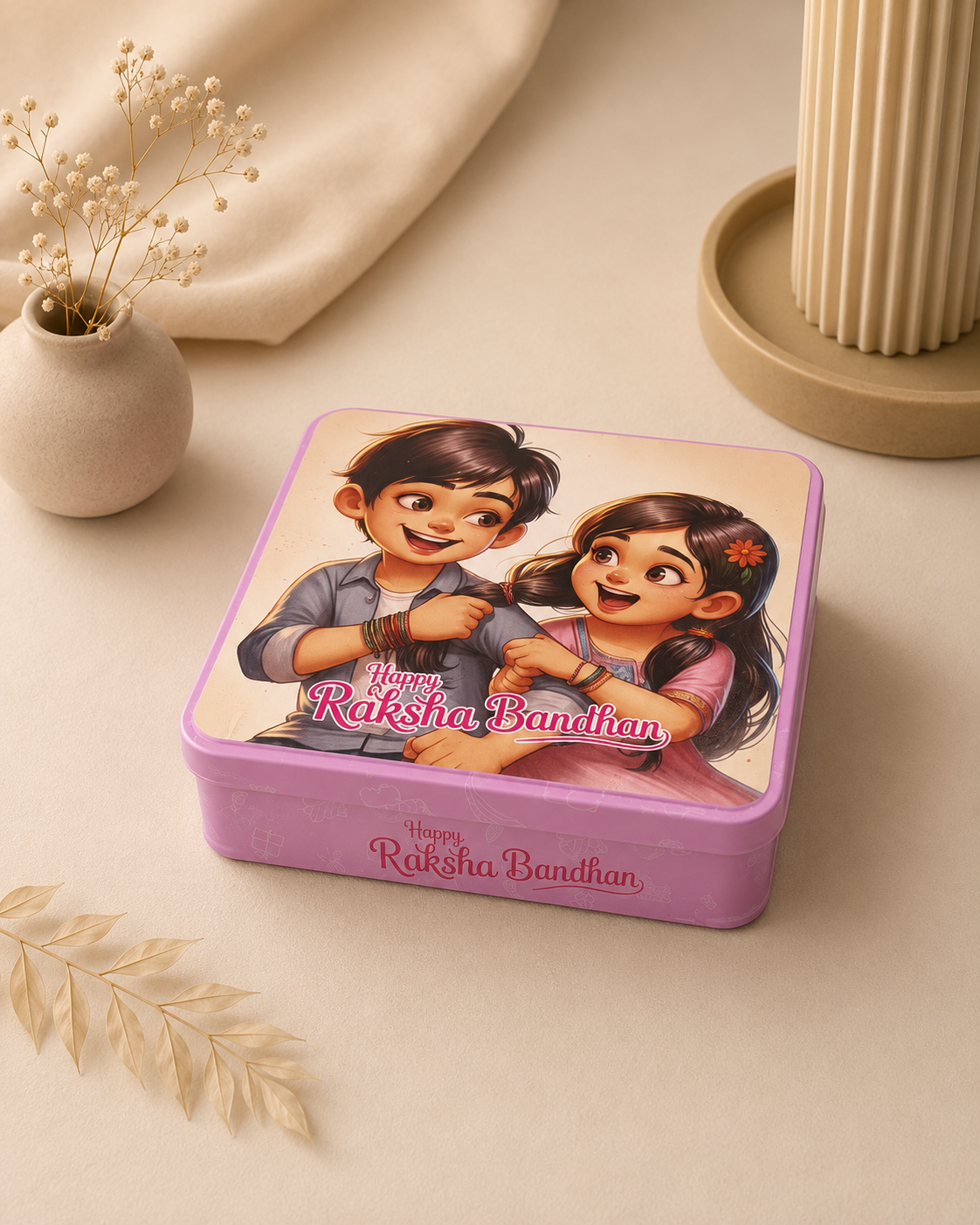 Premium Pink Raksha Bandhan Gift Tin Box with Lid | Reusable Metal Storage Box | 15 x 15 x 4 cm
