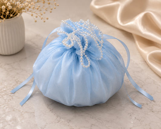 Luxury Pearl Net Potli Bag – Baby Blue | Premium Hamper & Gift Packaging