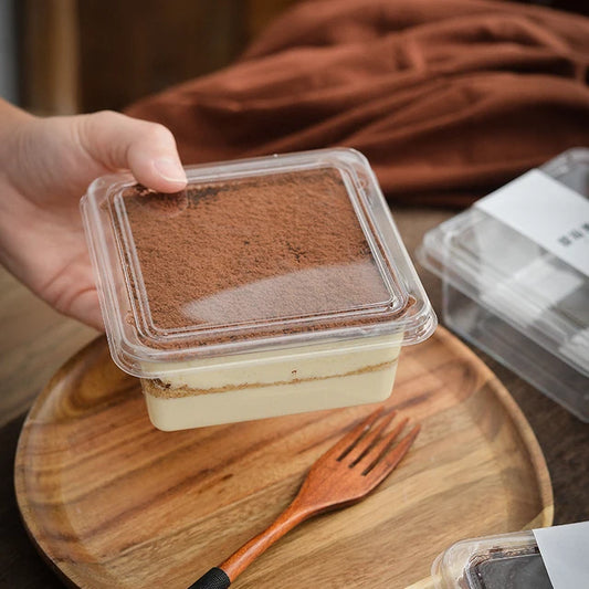 Square Dessert Box with Lid – 250ml | Transparent Plastic Tiramisu Container