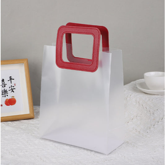 Elegant Frosted Square Gift Bag with Red Handle | Opaque Pvc Hamper Bag  28x24x13 cms