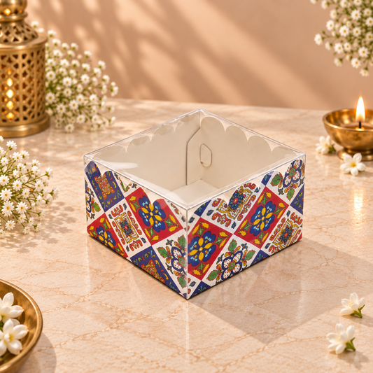 Festive Print Single Brownie Box with Clear Lid – 3 × 3 × 2 Inches