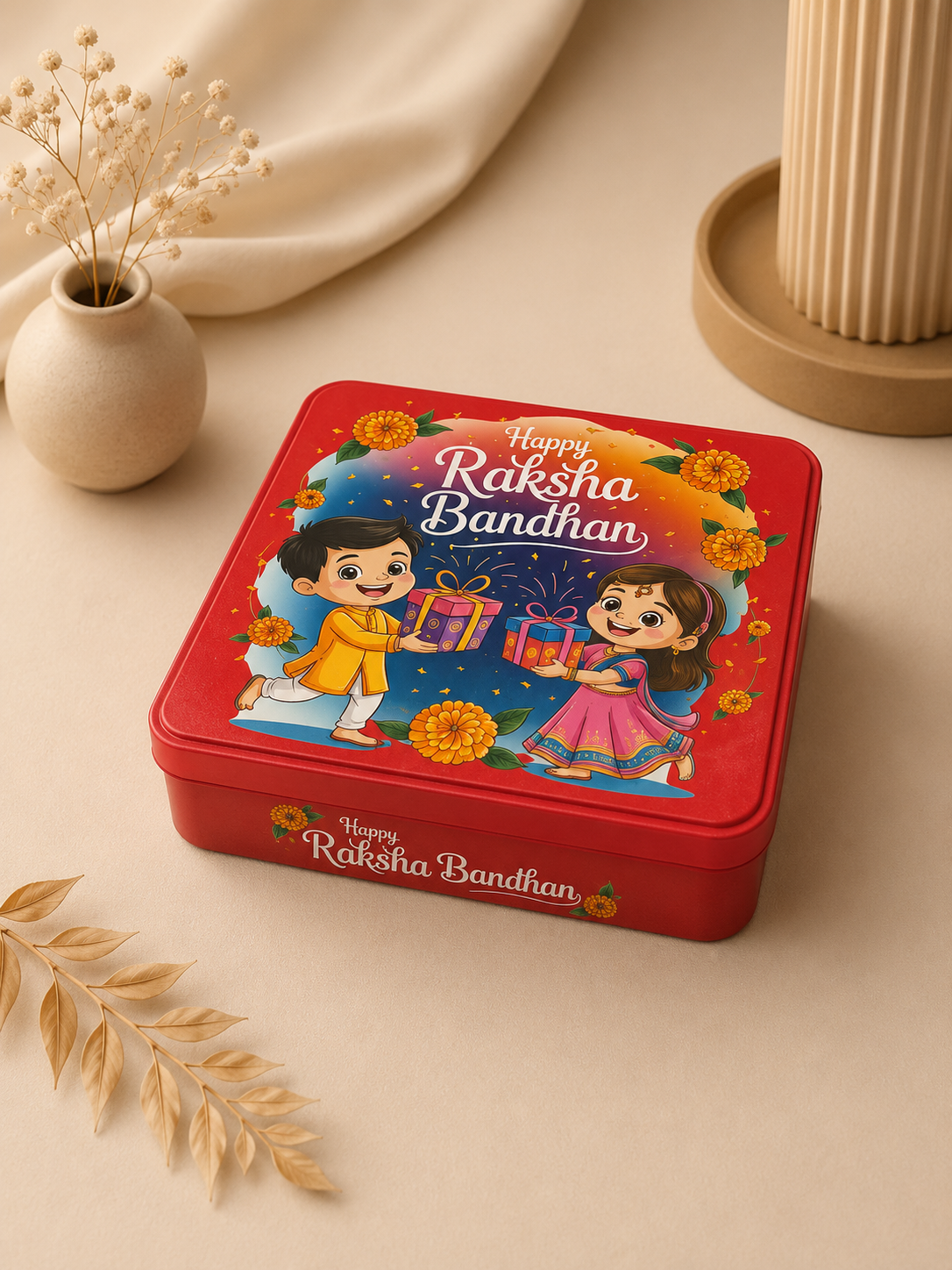 Premium Red Raksha Bandhan Gift Tin Box with Lid | Reusable Metal Storage Box | 15 x 15 x 4 cm