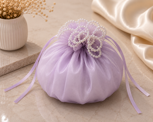 Luxury Pearl Net Potli Bag – Lavender | Premium Hamper & Gift Packaging