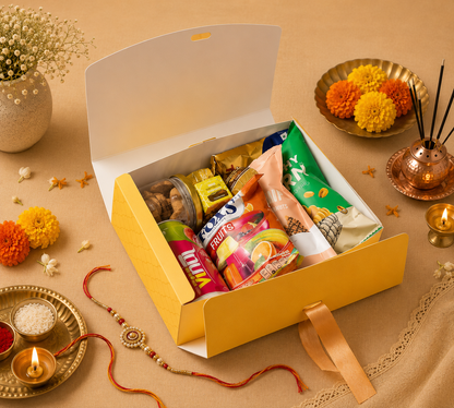Yellow Raksha Bandhan Premium Hamper Gift Box with Satin Ribbon | Festive Gift Packaging Box | 9 x 7 x 3 Inches