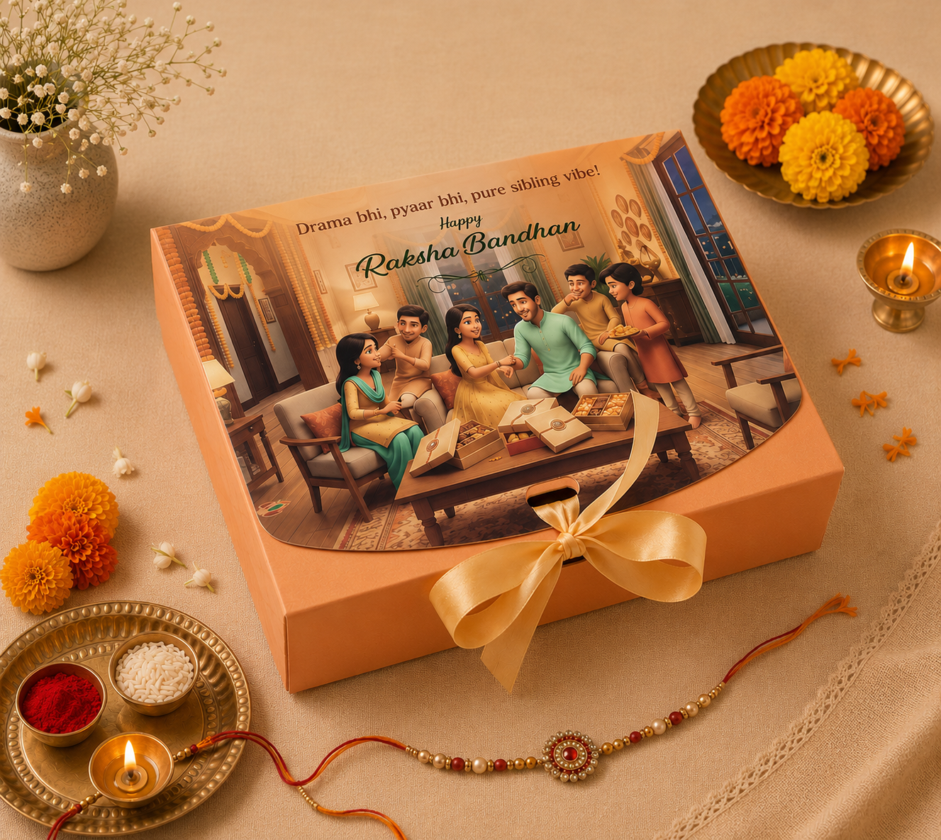 Peach Raksha Bandhan Premium Hamper Gift Box with Satin Ribbon | Festive Gift Packaging Box | 9 x 7 x 3 Inches