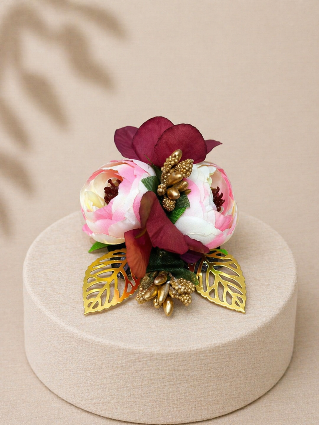 Off-White Luxury Artificial Floral Corsage Brooch with Metallic Leaves & Beaded Detailing