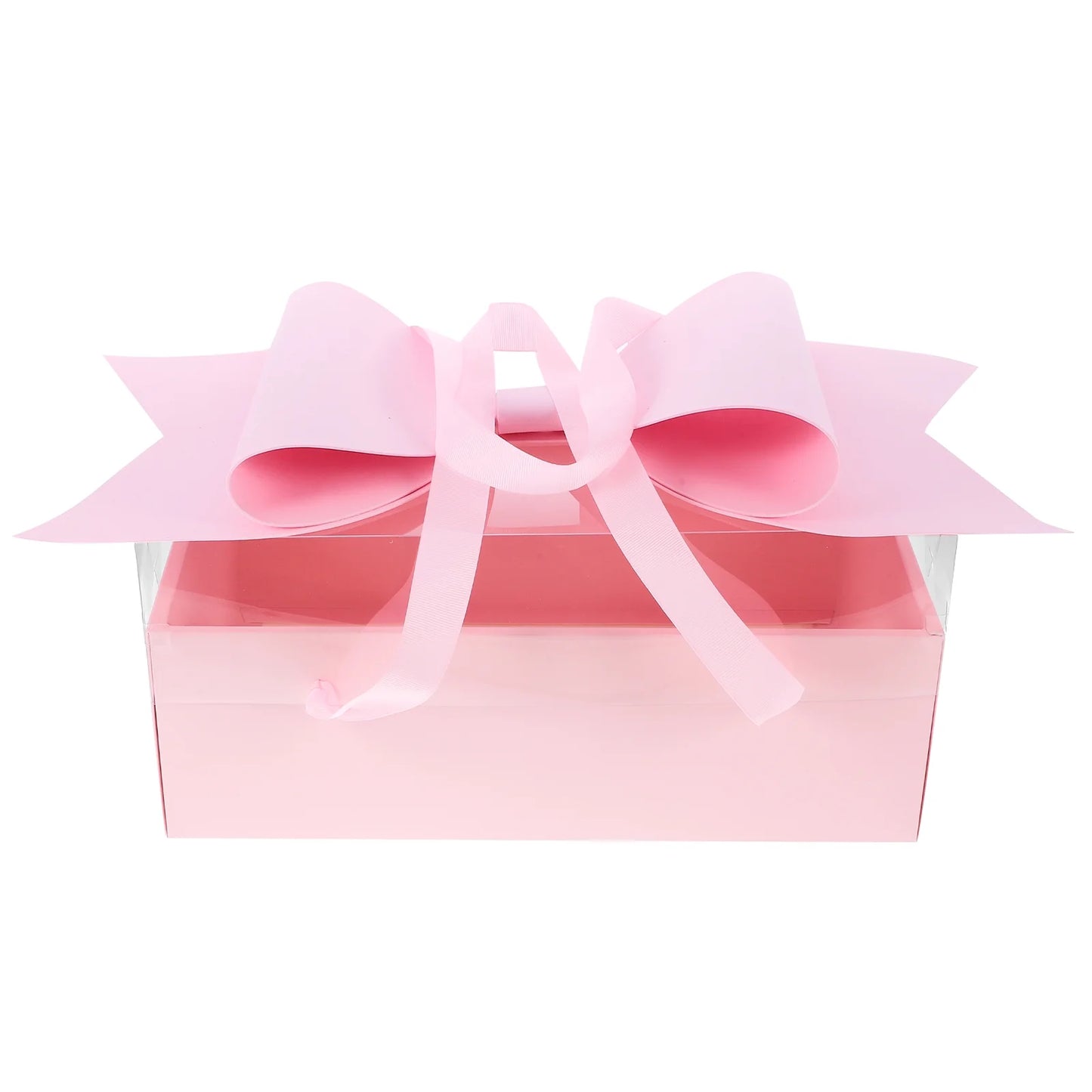 Small Pink Luxury Transparent Gift Hamper Box with Bow & Ribbon Handle | Rectangle Pink Bow Box 30 × 21 × 10 cm