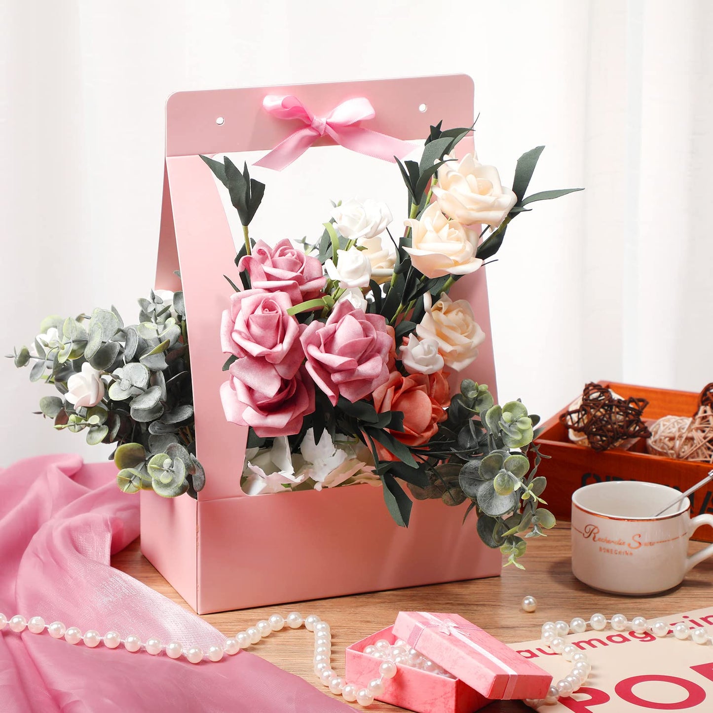 Light Pink Premium Flower Carrier Box with Handle | Leakproof Bouquet & Hamper Packaging