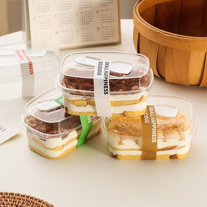 Imported Clear Rectangle Tiramisu Dessert Container with Lid & Spoon | 300ml Premium Dessert Box