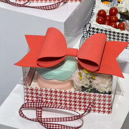 Luxury White & Red Checks Hamper Gift Box with Bow & Ribbon Handle | Square White & Red Checks Hamper Box with Bow