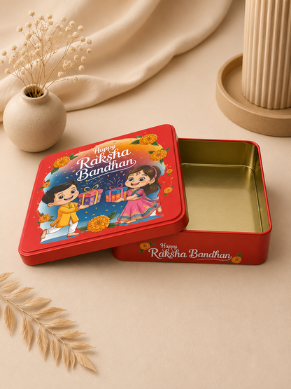 Premium Red Raksha Bandhan Gift Tin Box with Lid | Reusable Metal Storage Box | 15 x 15 x 4 cm
