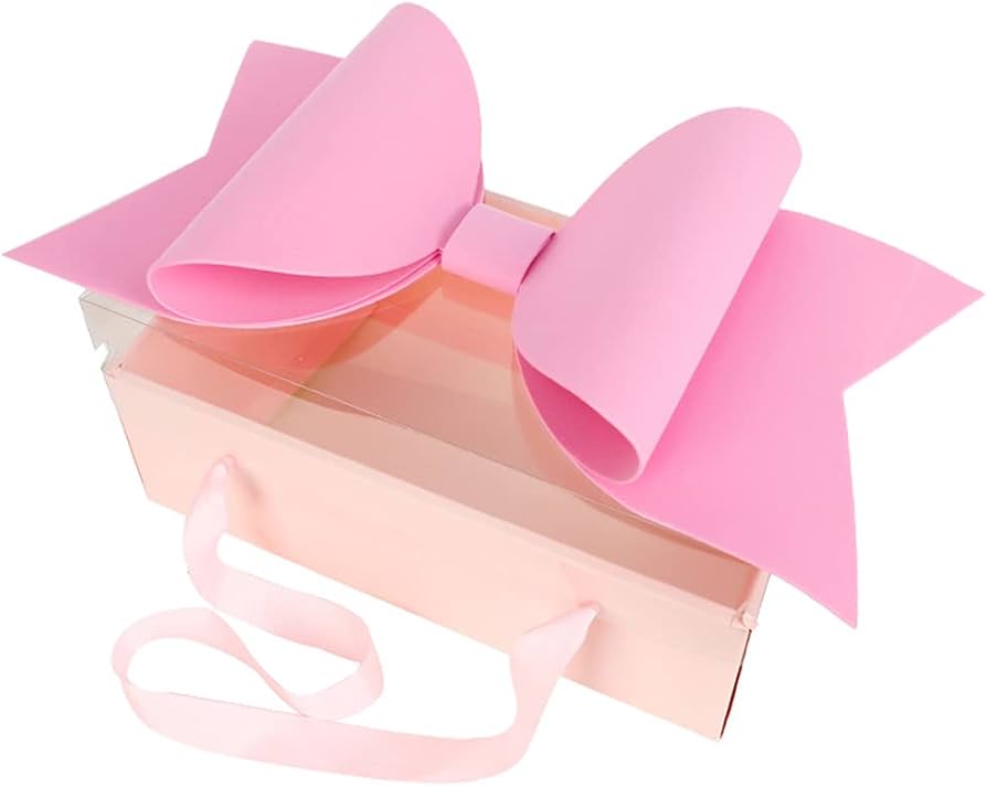 Small Pink Luxury Transparent Gift Hamper Box with Bow & Ribbon Handle | Rectangle Pink Bow Box 30 × 21 × 10 cm