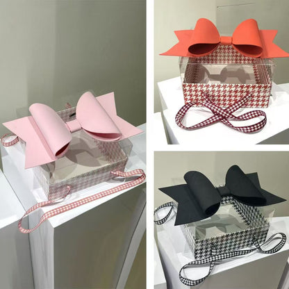 Luxury White & Pink Checks Hamper Gift Box with Bow & Ribbon Handle | Square White & Pink Checks Hamper Box with Bow