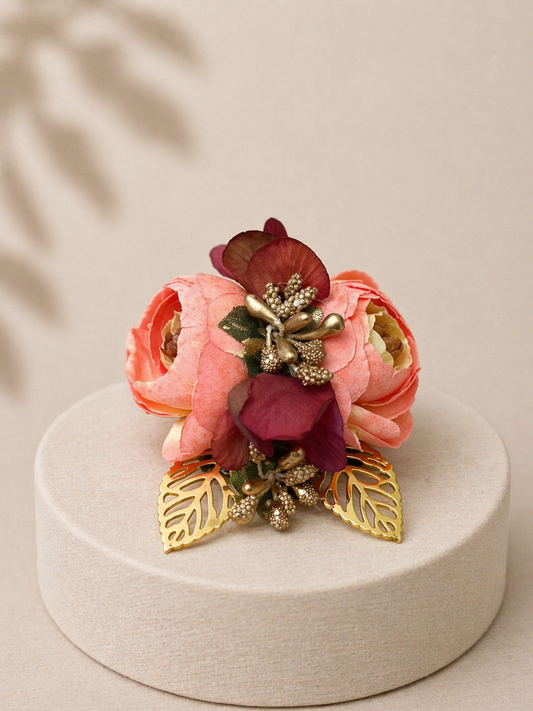 Peach Luxury Artificial Floral Corsage Brooch with Metallic Leaves & Beaded Detailing