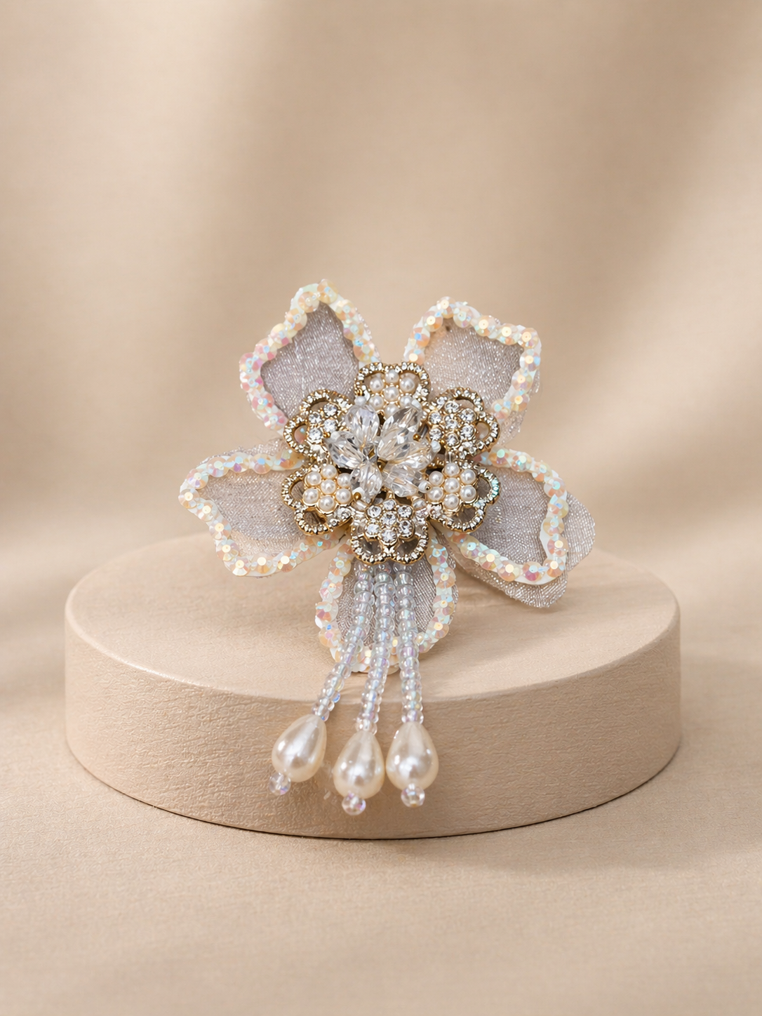Premium Embellished Floral Brooch with Pearl Tassels & Crystal Detailing