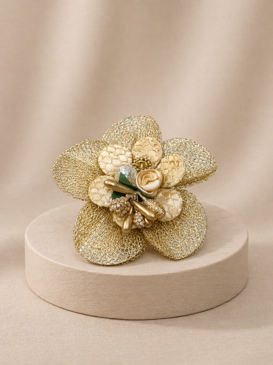 Luxury Gold Floral Brooch with Satin Rose & Beaded Detailing