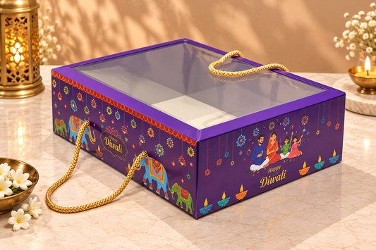 Purple Diwali Print Clear Lid Hamper Box with Rope Handle