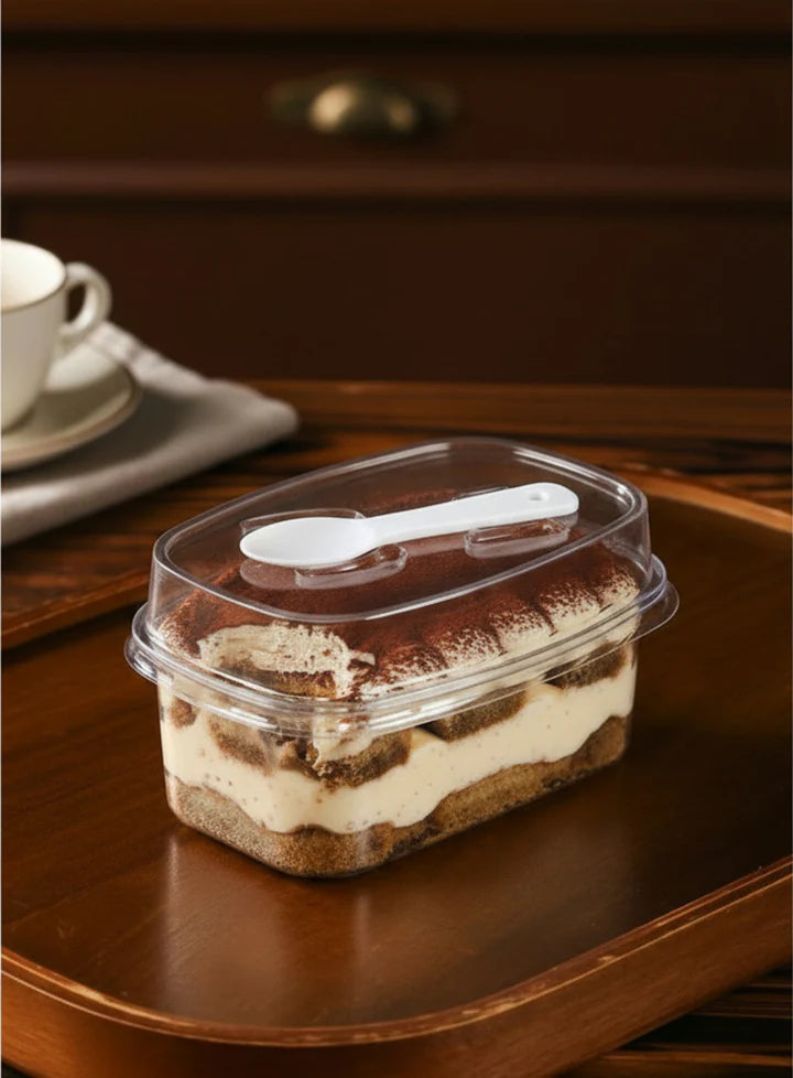 Imported Clear Rectangle Tiramisu Dessert Container with Lid & Spoon | 300ml Premium Dessert Box