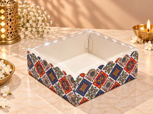 Festive Print 4 Brownie Box with Clear Lid – 6 × 6 × 2 Inches