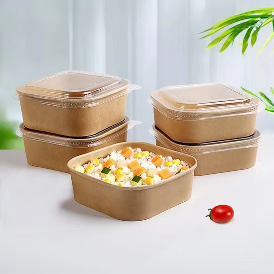 Imported Quality Kraft Square Food Container with Clear Lid – 6.5 x 2 Inch | Salad Bowl |Paper Dessert Boxes with Clear Lids – Eco-Friendly Packaging