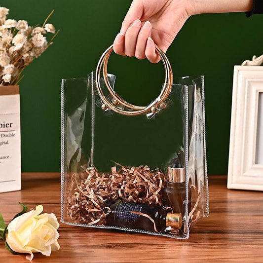 Clear PVC Gift Bag with Round Metal Handle | Metal Handle Pvc Hamper Bag 20x18x10cms