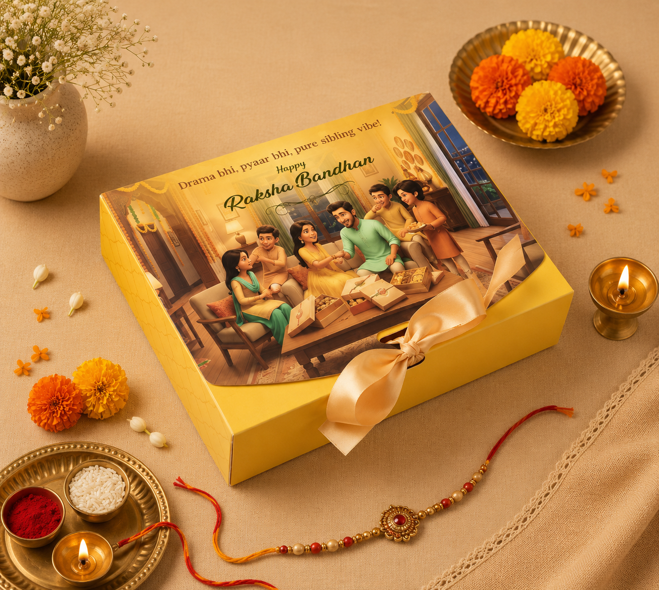 Yellow Raksha Bandhan Premium Hamper Gift Box with Satin Ribbon | Festive Gift Packaging Box | 9 x 7 x 3 Inches
