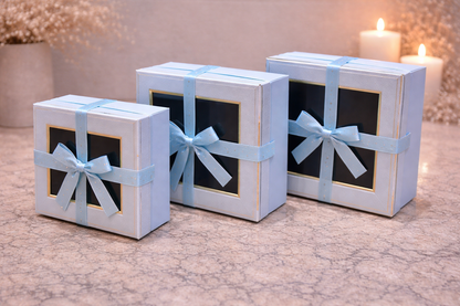 Blue Luxury Square Window Gift Boxes Set of 3 – Square Ribbon Hamper Boxes for Gifting & Packaging