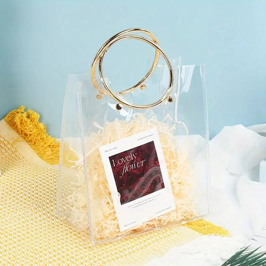 Clear PVC Gift Bag with Round Metal Handle | Metal Handle Pvc Hamper Bag 28x25x14cms