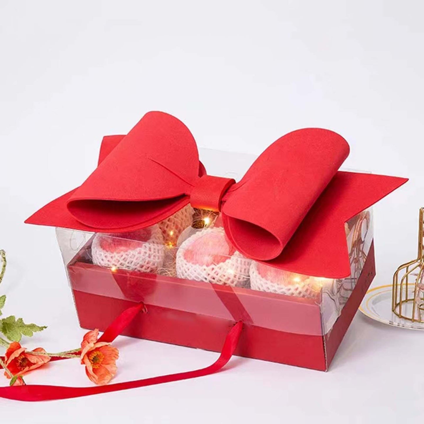 Small Red Luxury Transparent Gift Hamper Box with Bow & Ribbon Handle | Rectangle Red Bow Box 30 × 21 × 10 cm