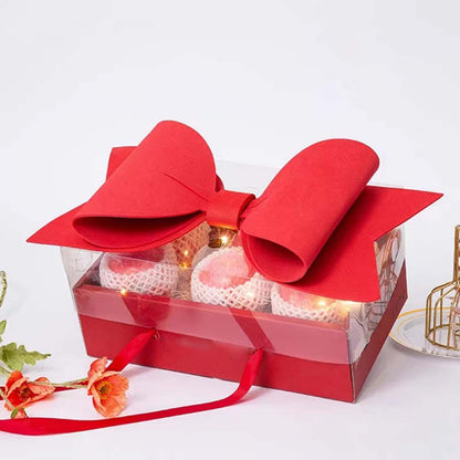 Small Red Luxury Transparent Gift Hamper Box with Bow & Ribbon Handle | Rectangle Red Bow Box 30 × 21 × 10 cm