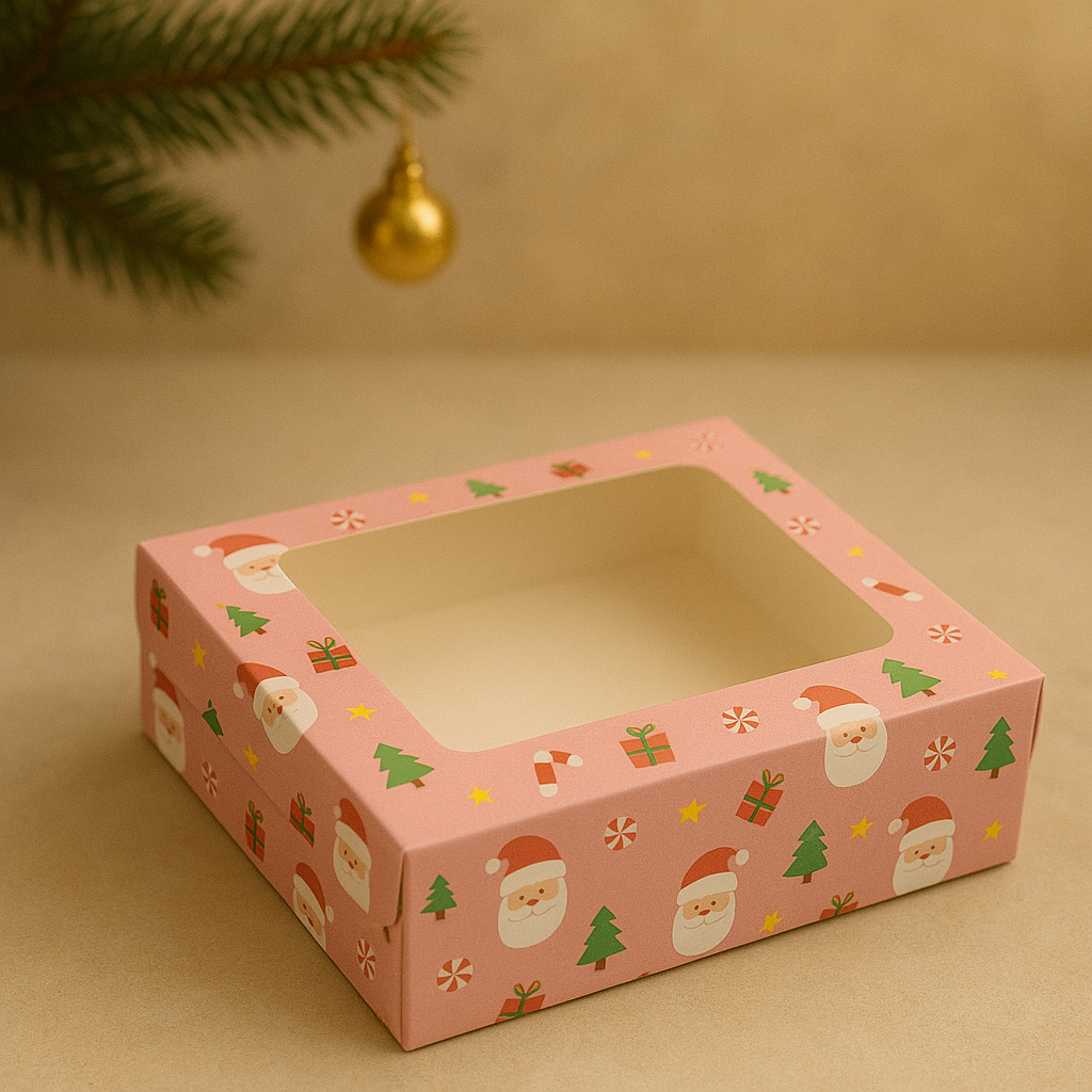 Pink Santa Christmas Print 4 Brownie Box – Festive Packaging with Window