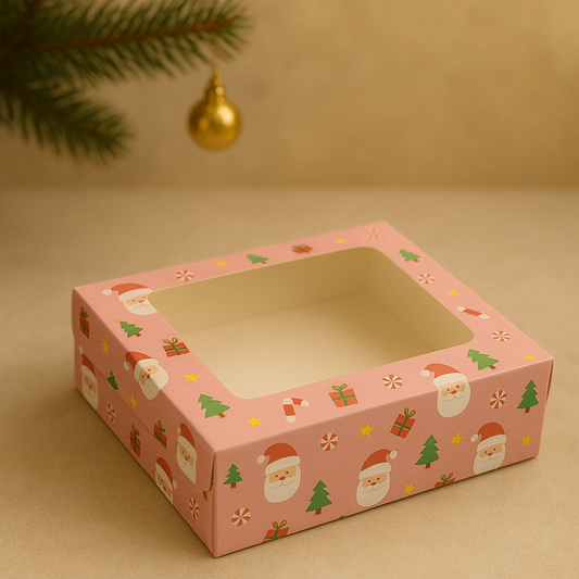 Pink Santa Christmas Print 4 Brownie Box – Festive Packaging with Window