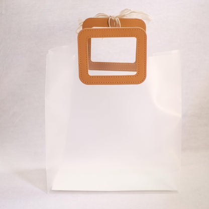 Elegant Frosted Square Gift Bag with Beige Handle | Opaque Pvc Hamper Bag  28x24x13 cms