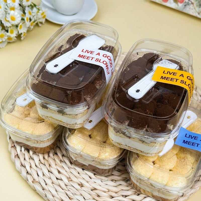 Imported Clear Rectangle Tiramisu Dessert Container with Lid & Spoon | 300ml Premium Dessert Box