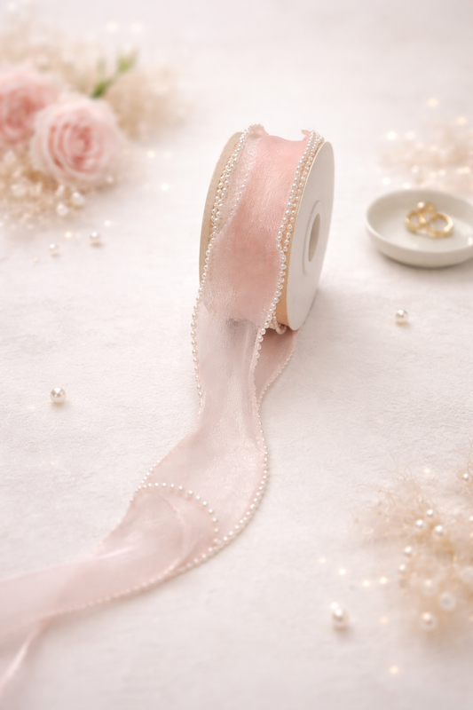 Light Pink Premium Pearl Edge Organza Ribbon Roll - Luxurious organza ribbon with pearl edging