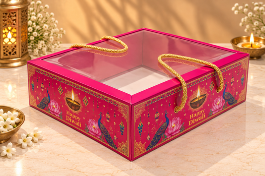 Pink Diwali Print Clear Lid Hamper Box with Rope Handle