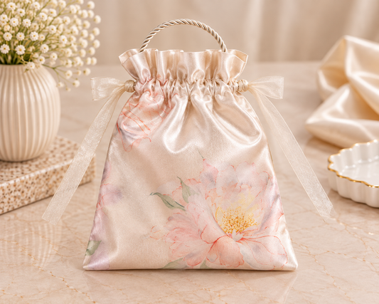 Premium Floral Satin Drawstring Gift Bag – Peach Ivory | 9 × 6.5 Inches